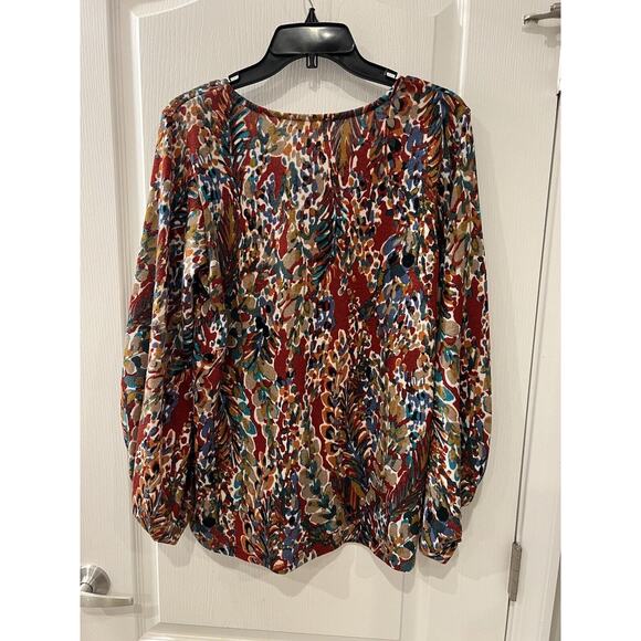 Beeson River Mixed Print Ted Green Long Balloon Sleeve V Neck Top Women Size M - Picture 2 of 6